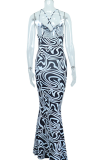Black Sexy Print Patchwork Halter Trumpet Mermaid Dresses