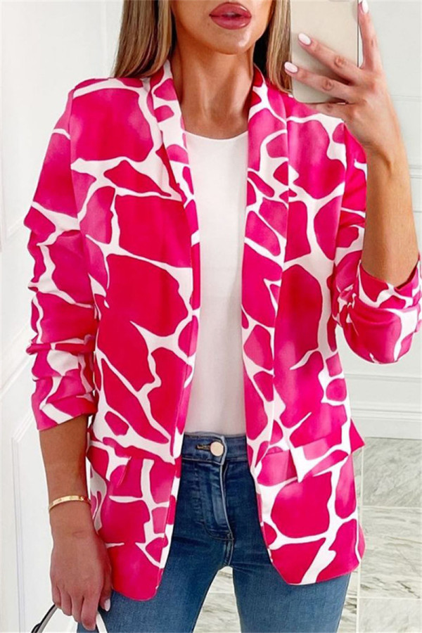 Rose Red Fashion Casual Print Patchwork Cardigan Turn-back Collar Outerwear