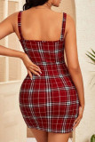 Red Sexy Plaid Print Patchwork Spaghetti Strap Pencil Skirt Dresses