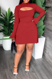 Black Street Solid Flounce Half A Turtleneck Waist Skirt Dresses