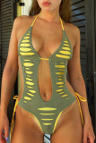 Green Sexy Solid Ripped Bandage Patchwork Backless Swimwears