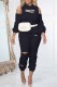 Black Casual Print Letter Hooded Collar Long Sleeve Two Pieces