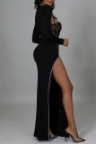 Black Sexy Patchwork See-through Slit Long Sleeve Two Pieces