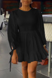 Red Casual Solid Patchwork Frenulum Fold O Neck A Line Dresses
