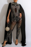 Black Sexy Patchwork Hot Drilling See-through Half A Turtleneck Skinny Jumpsuits