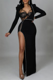 Black Sexy Patchwork See-through Slit Long Sleeve Two Pieces