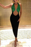Gold Sexy Solid Sequins Patchwork Backless Halter Pencil Skirt Dresses