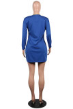 Blue Fashion Sexy Long Sleeves O neck Step Skirt skirt Patchwork Club Dresses