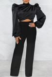 Red Casual Solid Patchwork Turtleneck Tops