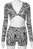 Black White Sexy Animal Print Patchwork V Neck Long Sleeve Two Pieces