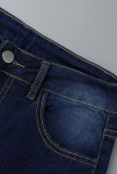 Deep Blue Casual Solid Patchwork Slit High Waist Denim Jeans