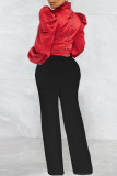 Red Casual Solid Patchwork Turtleneck Long Sleeve Two Pieces
