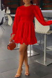 Red Casual Solid Patchwork Frenulum Fold O Neck A Line Dresses