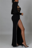 Black Sexy Patchwork See-through Slit Long Sleeve Two Pieces