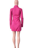 Rose Red Sexy Solid Patchwork Buckle Slit Turndown Collar Shirt Dress Dresses