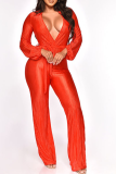Red Sexy Solid Patchwork V Neck Boot Cut Jumpsuits