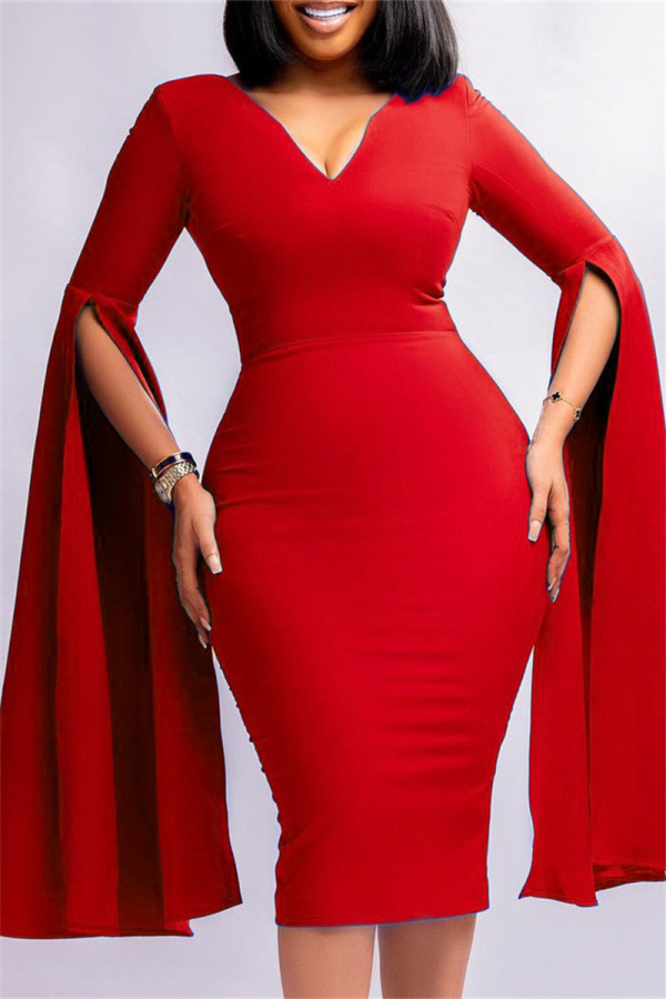 Red Casual Solid Patchwork Slit V Neck Long Sleeve Dresses