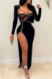 Black Sexy Patchwork See-through Slit Long Sleeve Two Pieces