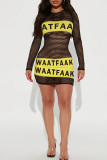 Black Sexy Street Print Hollowed Out Patchwork O Neck Pencil Skirt Dresses