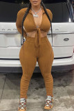 Brown Sexy Solid Bandage Patchwork Turndown Collar Long Sleeve Two Pieces