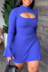 Royal Blue Street Solid Flounce Half A Turtleneck Waist Skirt Dresses
