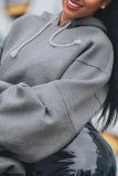 Grey Casual Solid Draw String Hooded Collar Tops