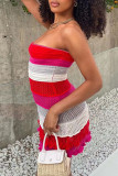 Pink Sexy Striped Print Patchwork Strapless Pencil Skirt Dresses