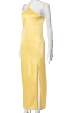 Yellow Sexy Solid Backless High Opening Spaghetti Strap Pencil Skirt Dresses