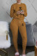 Apricot Casual Print Letter O Neck Long Sleeve Two Pieces