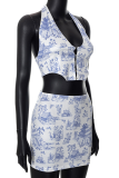 Blue Sexy Print Patchwork Halter Sleeveless Two Pieces