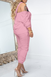Pink Casual Solid Ripped Hooded Collar Long Sleeve Two Pieces