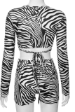 Black White Sexy Animal Print Patchwork V Neck Long Sleeve Two Pieces