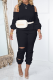 Black Casual Solid Ripped Hooded Collar Long Sleeve Two Pieces