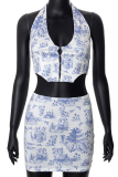 Blue Sexy Print Patchwork Halter Sleeveless Two Pieces