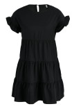 Black Casual Solid Patchwork Fold Stringy Selvedge O Neck A Line Dresses