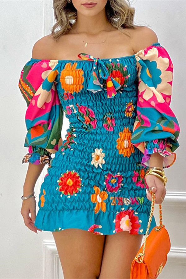 Blue Casual Print Patchwork Off the Shoulder Long Sleeve Dresses