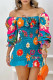 Blue Casual Print Patchwork Off the Shoulder Long Sleeve Dresses
