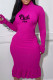Rose Red Casual Letter Print Basic Turtleneck Long Sleeve Dresses