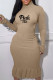 Apricot Casual Letter Print Basic Turtleneck Long Sleeve Dresses