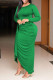 Green Casual Solid Patchwork Fold Asymmetrical O Neck Straight Dresses