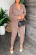 Light Brown Sexy Solid Bandage Patchwork Buttons Backless Turn-back Collar Long Sleeve Two Pieces