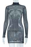 Black Sexy Print See-through Half A Turtleneck Pencil Skirt Dresses