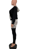 Black Casual Leopard Patchwork Hooded Collar Long Sleeve Two Pieces