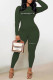 Army Green Casual Print Patchwork O Neck Long Sleeve Two Pieces