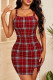 Red Sexy Plaid Print Patchwork Spaghetti Strap Pencil Skirt Dresses