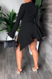 Black Street Solid Flounce Half A Turtleneck Waist Skirt Dresses