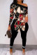 Black Red Fashion Casual Print Patchwork Slit Oblique Collar Long Sleeve Two Pieces