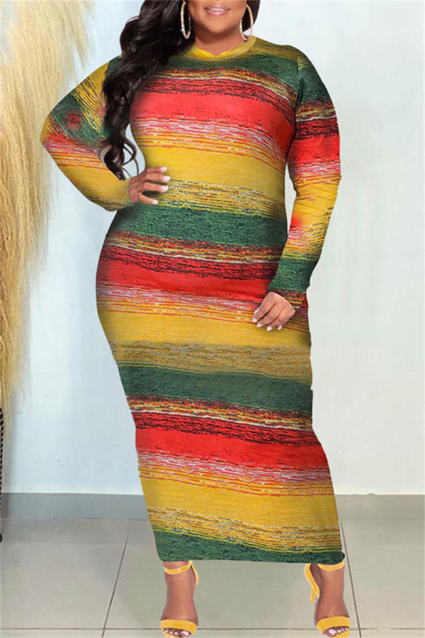 Orange Yellow Casual Print Patchwork Half A Turtleneck Long Sleeve Plus Size Dresses