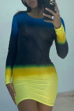Colour Sexy Gradual Change Patchwork O Neck Pencil Skirt Dresses