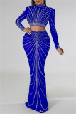 Blue Sexy Patchwork Hot Drilling See-through Half A Turtleneck Long Sleeve Two Pieces